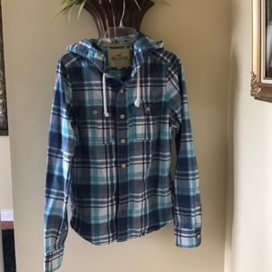 Blue plaid button up with hood